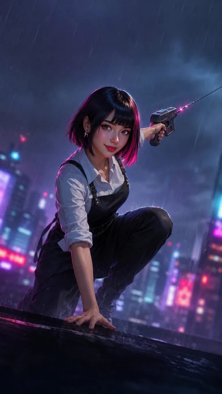 A Rescue & Romance character on a neon rooftop